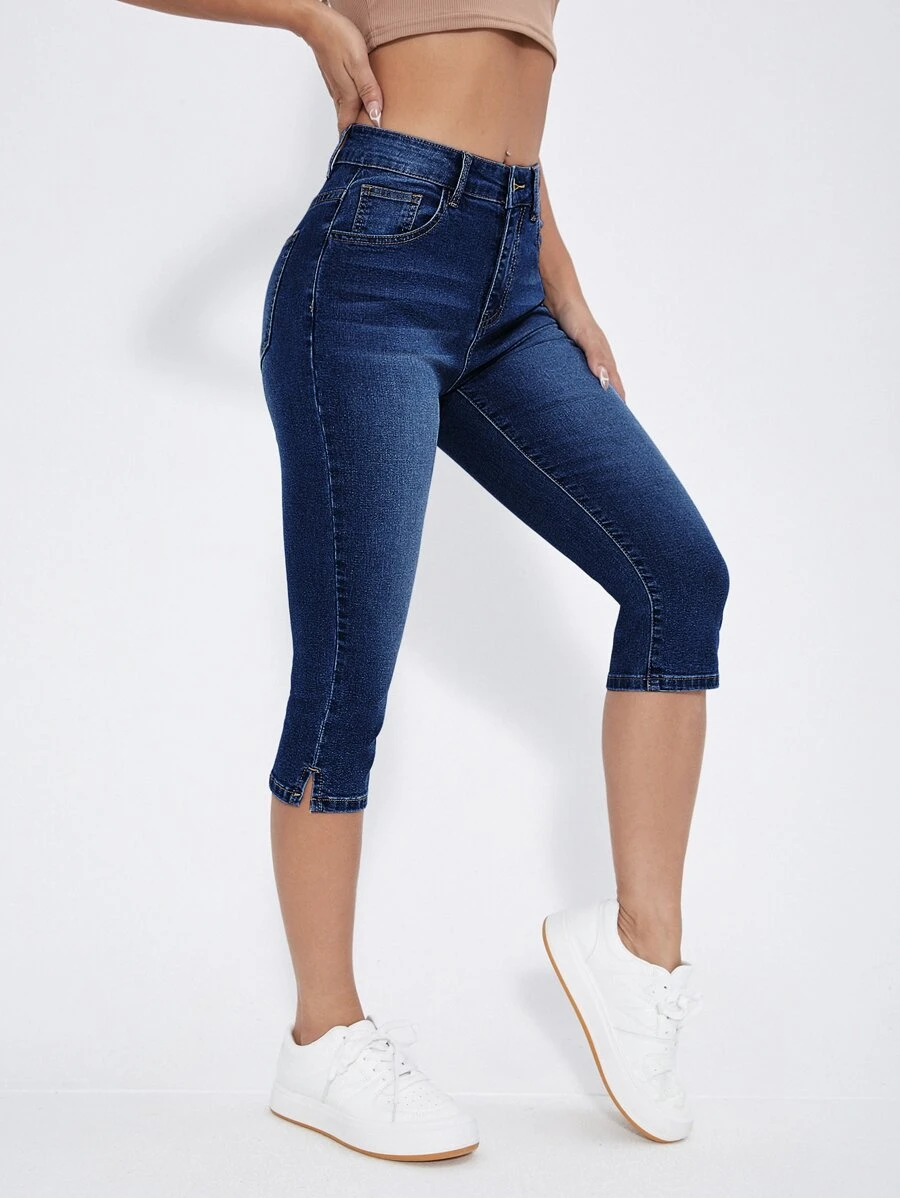 SHEIN Essnce Quần jean nữ Nút Túi Dây kéo màu trơn - Rửa tối - Xem 1