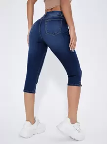 SHEIN Essnce Quần jean nữ Nút Túi Dây kéo màu trơn - Rửa tối - Xem 2