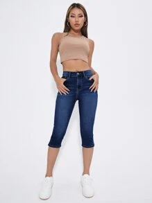 SHEIN Essnce Quần jean nữ Nút Túi Dây kéo màu trơn - Rửa tối - Xem 3