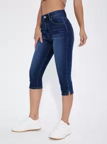 SHEIN Essnce Quần jean nữ Nút Túi Dây kéo màu trơn - Rửa tối - Xem 4