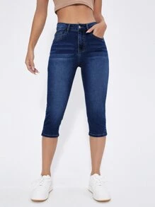 SHEIN Essnce Quần jean nữ Nút Túi Dây kéo màu trơn - Rửa tối - Xem 5