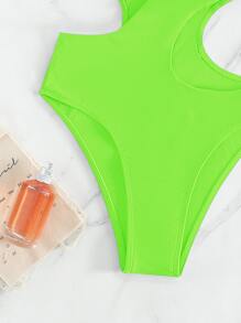 SHEIN Swim 夏季沙灘霓虹色單肩一件式泳衣游泳衣 - 青檸色 - 查看 5