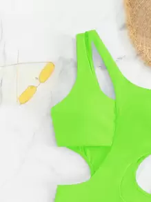 SHEIN Swim 夏季沙灘霓虹色單肩一件式泳衣游泳衣 - 青檸色 - 查看 6