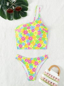 花卉印花单肩比基尼套装夏季海滩 - 彩色 - 查看 4