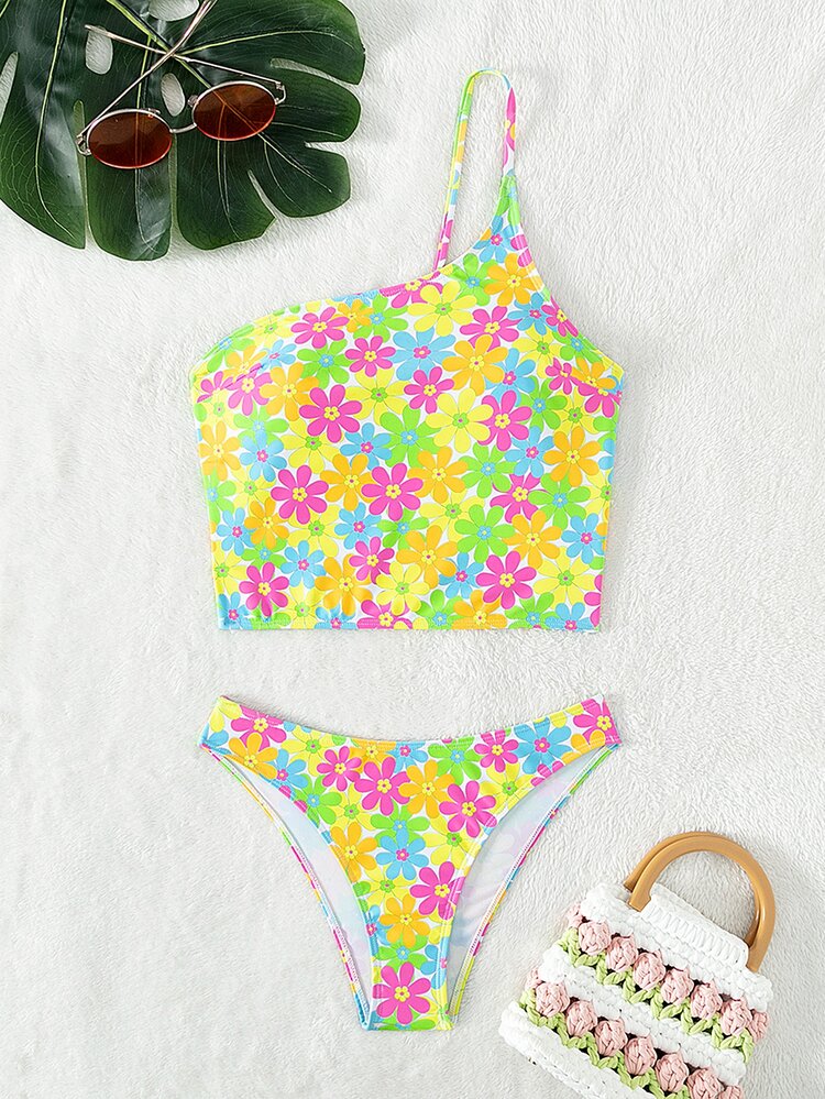 花卉印花单肩比基尼套装夏季海滩 - 彩色 - 查看 4