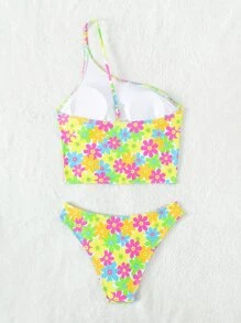花卉印花单肩比基尼套装夏季海滩 - 彩色 - 查看 5