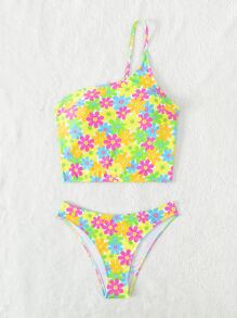 花卉印花单肩比基尼套装夏季海滩 - 彩色 - 查看 6