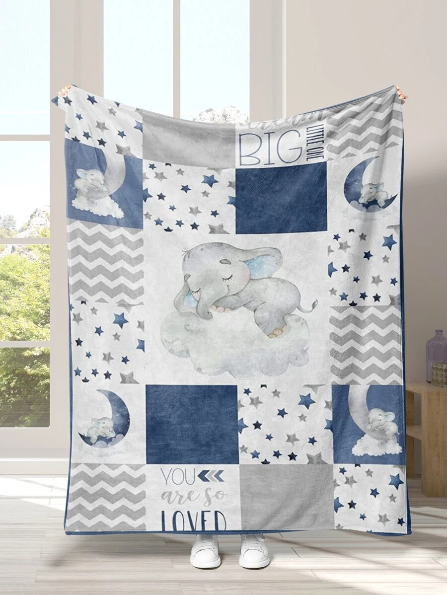 1pc Elephant & Star Pattern Blanket, Cartoon Cute Polyester Sleeping Blanket For Household - Multicolor - View 1