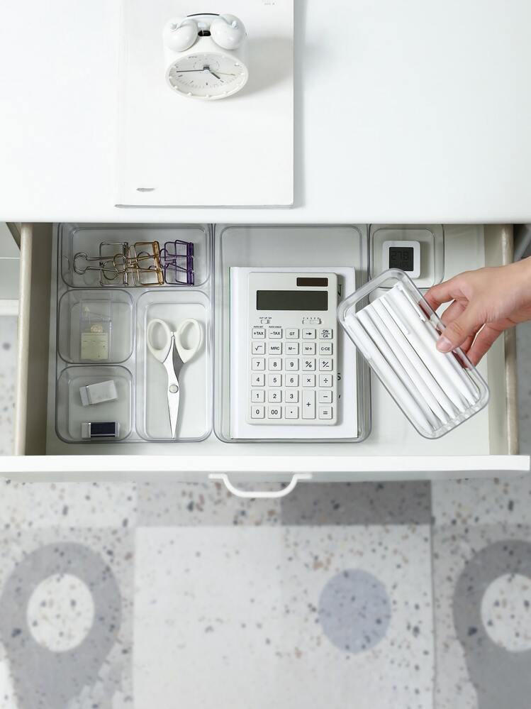 1 件簡單透明辦公桌收納盒,適用於文具和小物品,可堆疊儲物盒 - 無色 - 查看 3