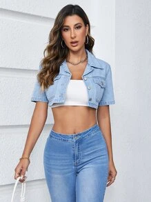 SHEIN Essnce Áo khoác denim nữ Túi Nút phía trước màu trơn Giải trí - Rửa nhẹ - Xem 2