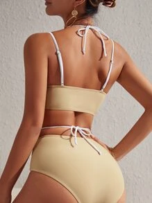 Bộ bikini đi biển mùa hè lưng cao trơn có dây buộc - Màu Khaki - Xem 2