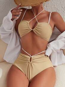 Bộ bikini đi biển mùa hè lưng cao trơn có dây buộc - Màu Khaki - Xem 5