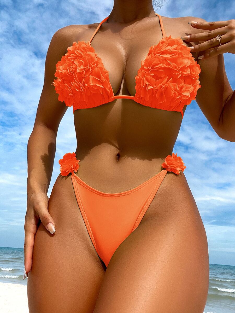 Appliques Halter Triangle Summer Beach Bikini Set - Burnt Orange - View 1