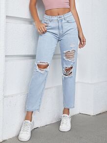 Ripped Mom Fit Jeans - Light Wash - View 4