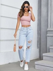 Ripped Mom Fit Jeans - Light Wash - View 5