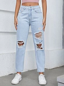 Ripped Mom Fit Jeans - Light Wash - View 2