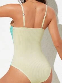 Color Block Ribbed Knit One Piece Swimsuit, For Summer Beach Vacation - Multicolor - View 2