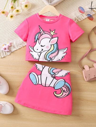 Young Girl Pink Cartoon Unicorn Print Casual Short Sleeve T-Shirt And Shorts 2pcs Set For Summer,Holiday,Summer,Travel