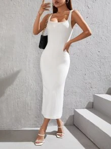 SHEIN PETITE Đầm Gân đan màu trơn Thanh lịch - trắng - Xem 1