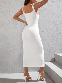 SHEIN PETITE Đầm Gân đan màu trơn Thanh lịch - trắng - Xem 2