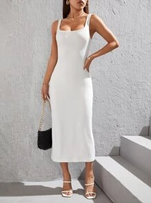 SHEIN PETITE Đầm Gân đan màu trơn Thanh lịch - trắng - Xem 4