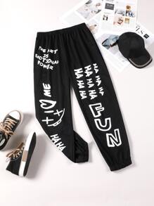 Flirla Plus Slogan Graphic Joggers - Black - View 1