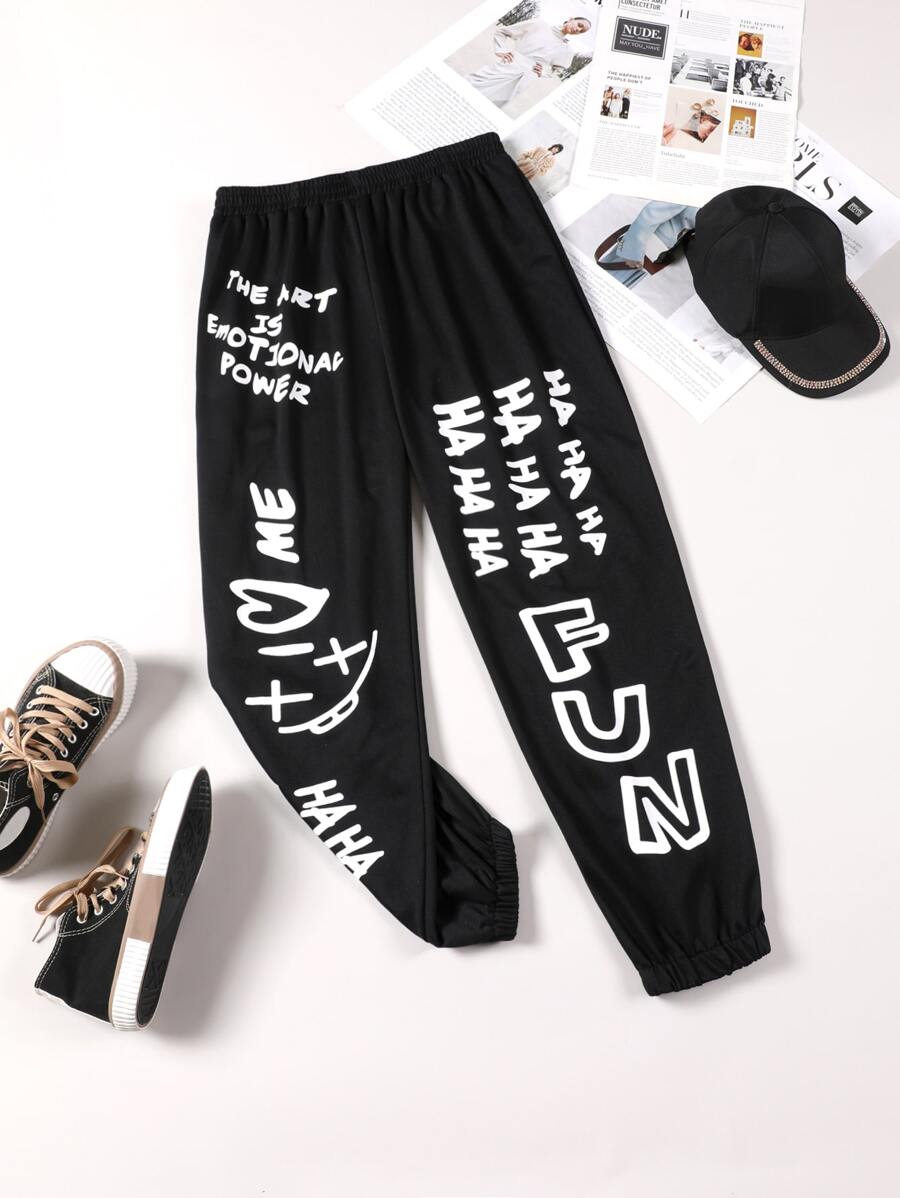 Flirla Plus Slogan Graphic Joggers - Black - View 1