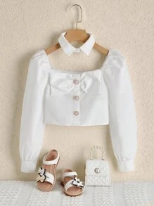 SHEIN Áo cánh Gái Nút Nơ trước màu trơn Buổi tiệc - trắng - Xem 1