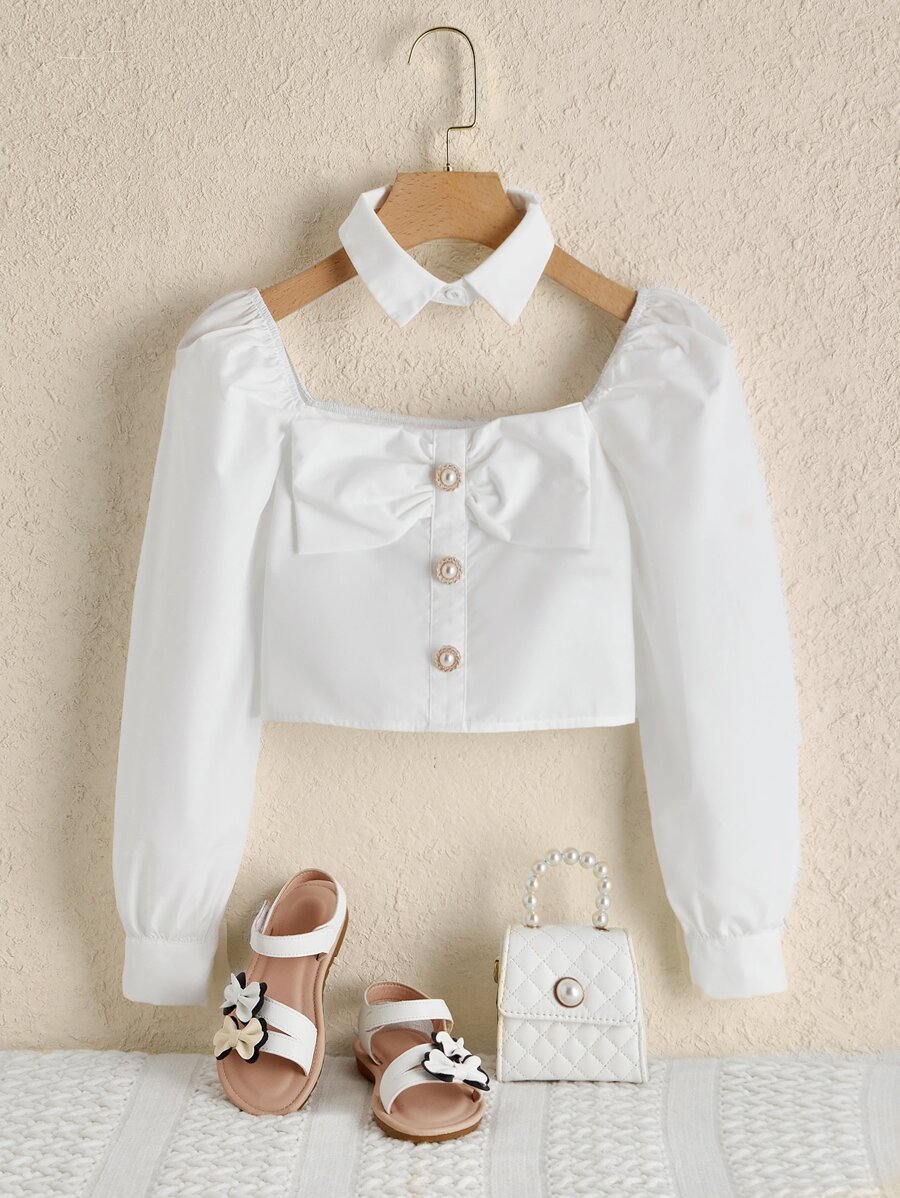 SHEIN Áo cánh Gái Nút Nơ trước màu trơn Buổi tiệc - trắng - Xem 1