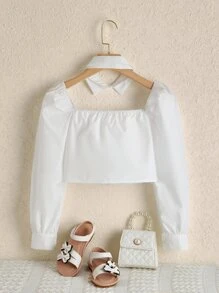 SHEIN Áo cánh Gái Nút Nơ trước màu trơn Buổi tiệc - trắng - Xem 2