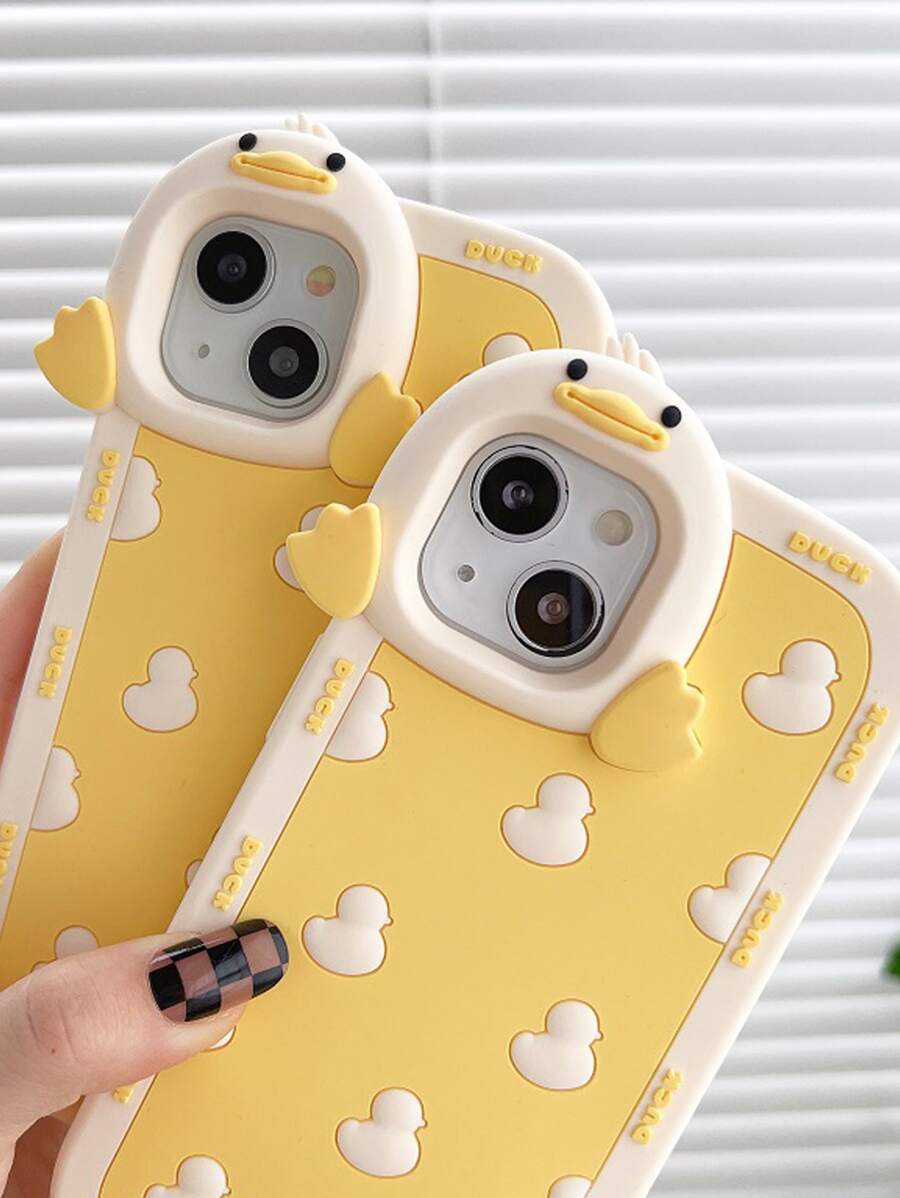1pc Cute Duck Design Phone Case Compatible With Iphone 13/14 Pro Max/11/12, Shockproof Silicone Protective Cover, Full Wrapping, Fashionable For Women - Yellow - View 1