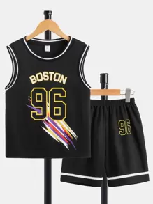 SHEIN Boys Letter Graphic Striped Trim Tank Top & Shorts - Black - View 1