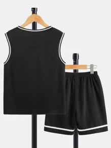SHEIN Boys Letter Graphic Striped Trim Tank Top & Shorts - Black - View 2