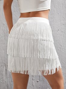 SHEIN PETITE Fringe Trim Fringe Trim Layer Hem Skirt - White - View 2