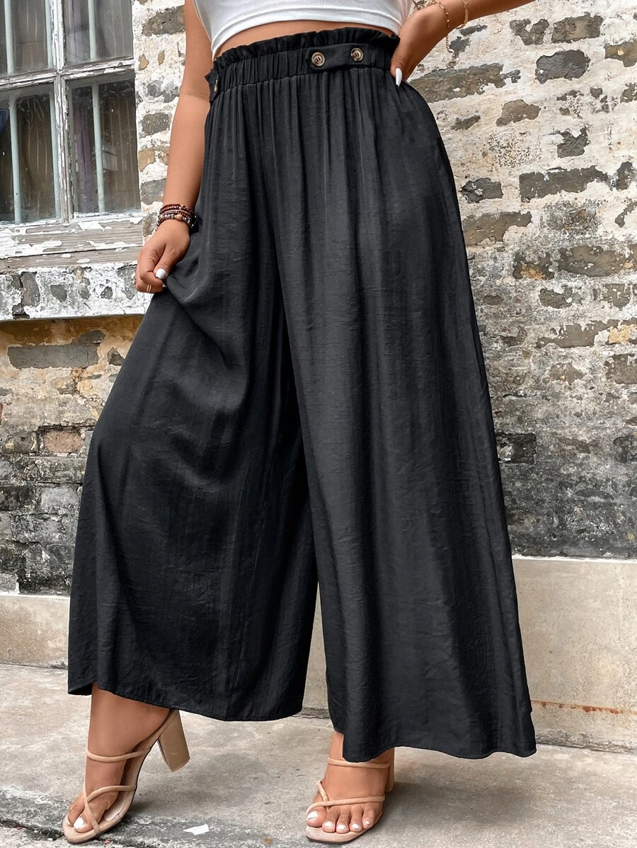 SHEIN Clasi Plus Paperbag Waist Wide Leg Trousers - Black - View 1