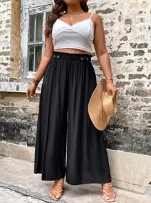 SHEIN Clasi Plus Paperbag Waist Wide Leg Trousers - Black - View 3