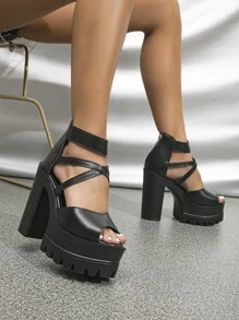 優雅踝帶平底涼鞋適用於女士交叉帶後拉鍊防水台粗跟涼鞋 - 黑色 - 查看 1