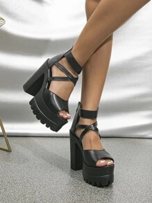 優雅踝帶平底涼鞋適用於女士交叉帶後拉鍊防水台粗跟涼鞋 - 黑色 - 查看 4