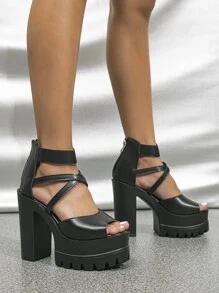 優雅踝帶平底涼鞋適用於女士交叉帶後拉鍊防水台粗跟涼鞋 - 黑色 - 查看 5