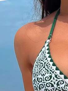 Swim Vcay 几何印花吊带三角比基尼上衣，适合夏季海滩度假 - 白色 - 查看 3