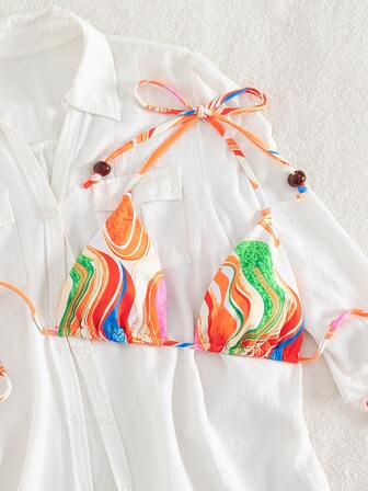 Allover Print Halter Triangle Bikini Top