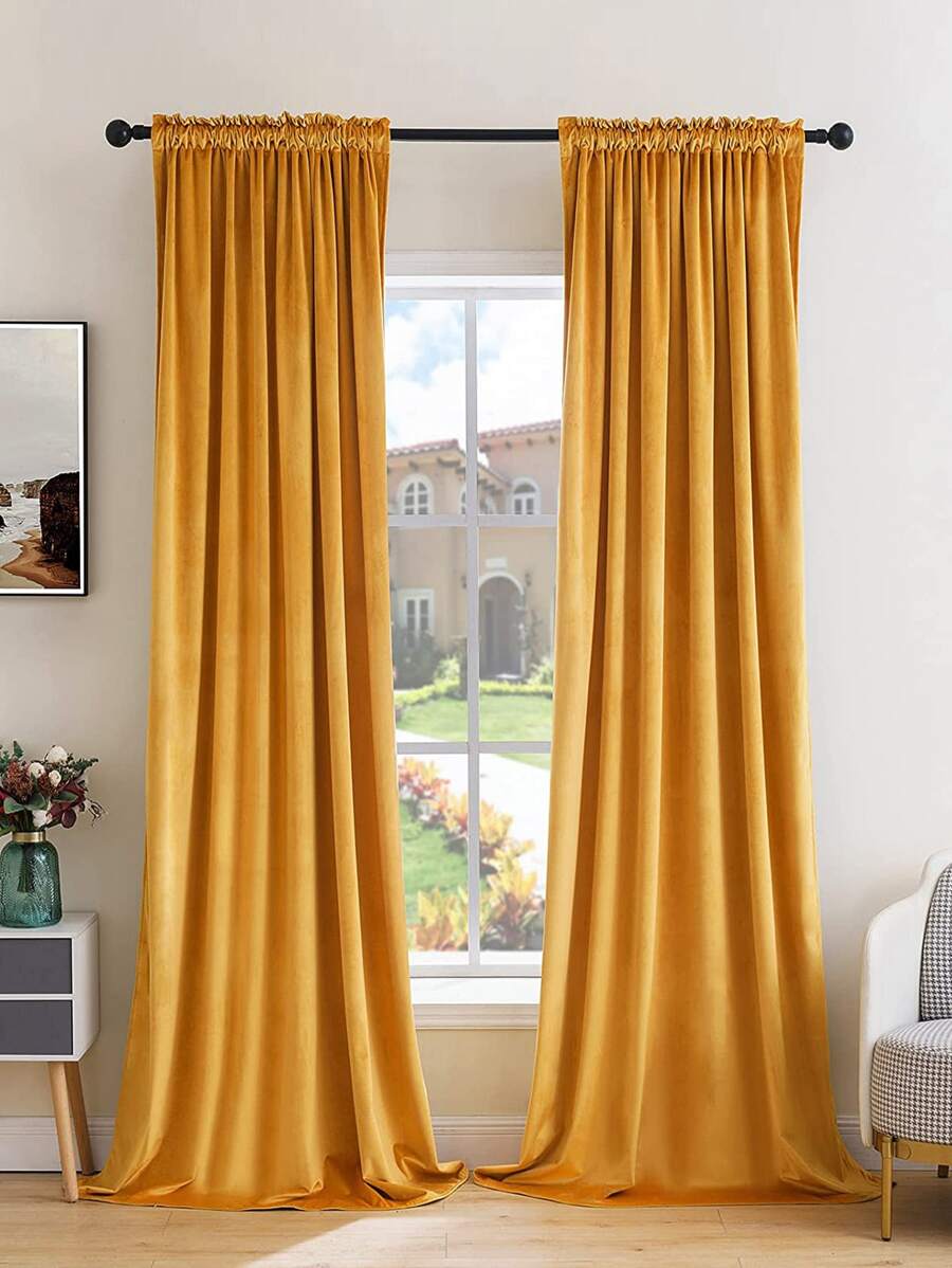 Rèm cửa đơn màu, rèm chắn sáng polyester màu vàng cho gia đình - Màu vàng - Xem 1