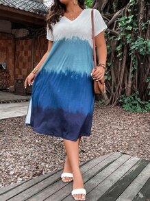 SHEIN LUNE Vestido estilo camiseta de tie dye de cuello V - Multicolor - Ver 1