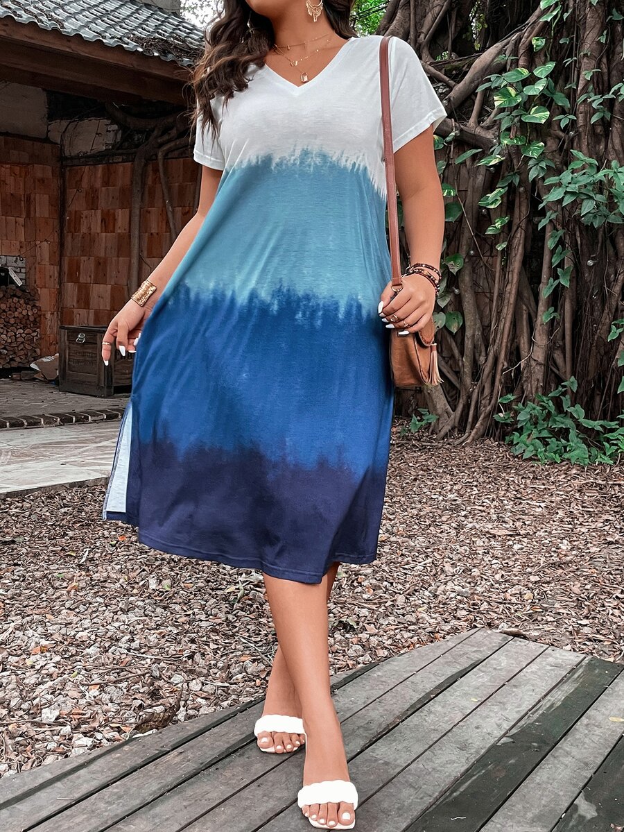 SHEIN LUNE Vestido estilo camiseta de tie dye de cuello V - Multicolor - Ver 1