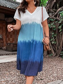 SHEIN LUNE Vestido estilo camiseta de tie dye de cuello V - Multicolor - Ver 4