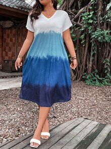 SHEIN LUNE Vestido estilo camiseta de tie dye de cuello V - Multicolor - Ver 5