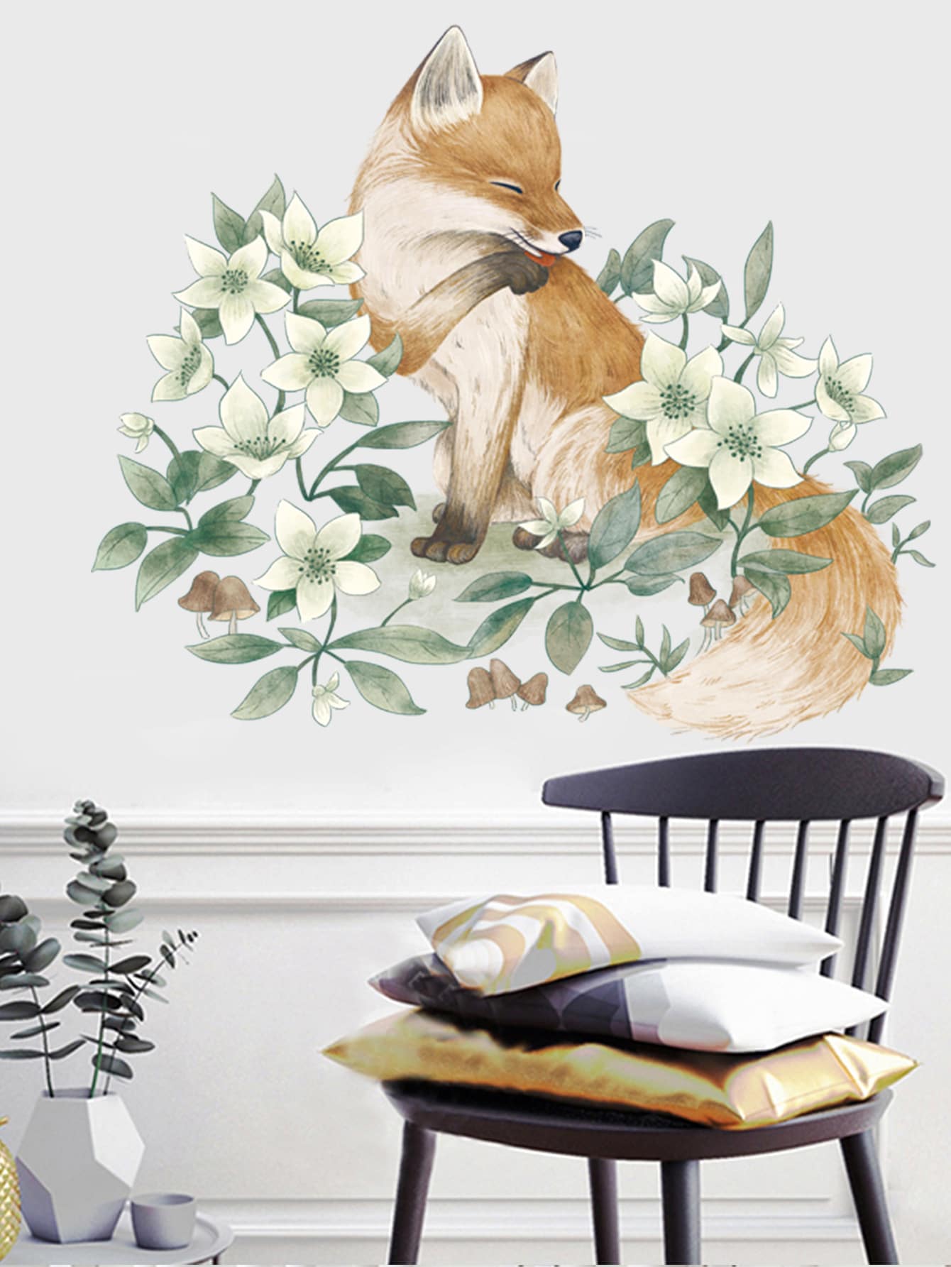 狐狸和花卉圖案自粘掛畫貼花裝飾 - 彩色 - 查看 1