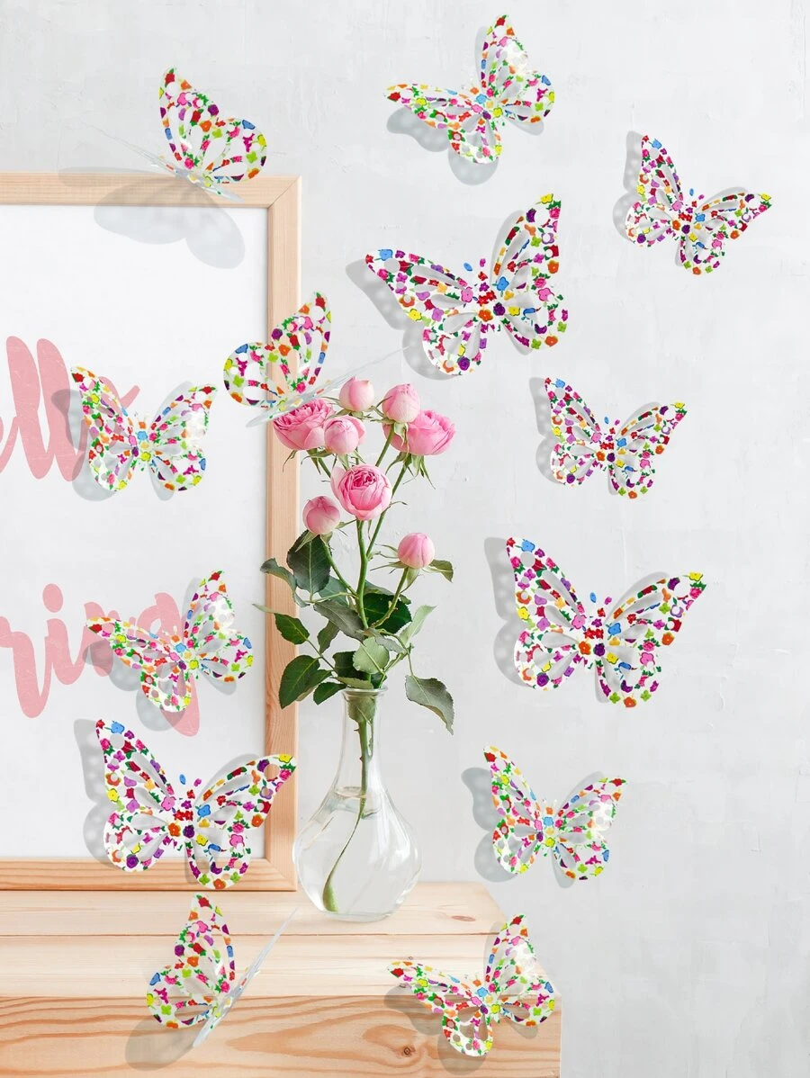12pcs/set PVC Butterfly Sticker, Cute Floral Pattern Self Adhesive 3D Butterfly Wall Decor For Home - Multicolor - View 1