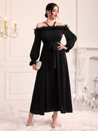 Modelyn Cold Shoulder Fuzzy Trim Belted Dress