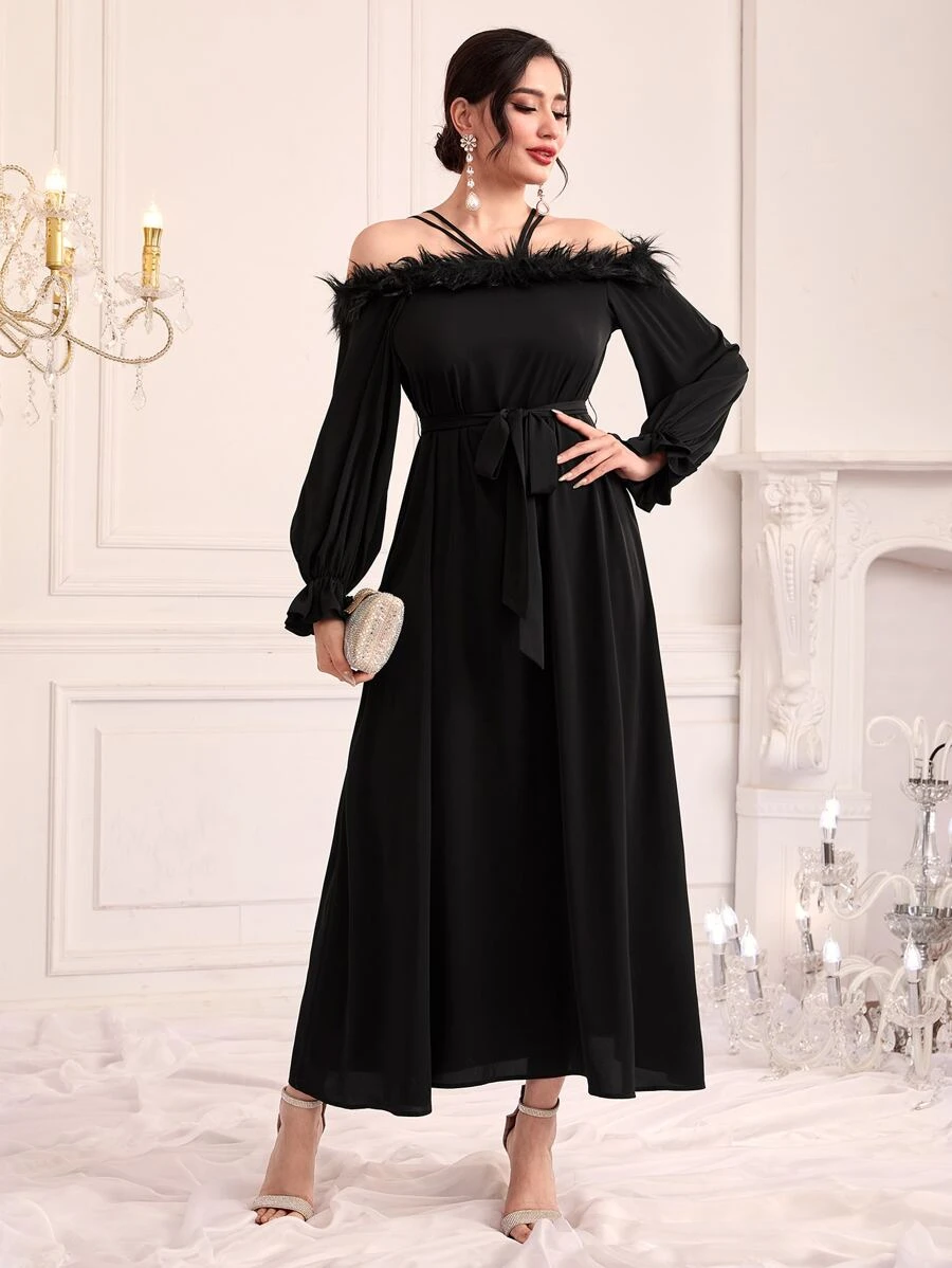 Modelyn Cold Shoulder Fuzzy Trim Belted Dress - Black - View 1